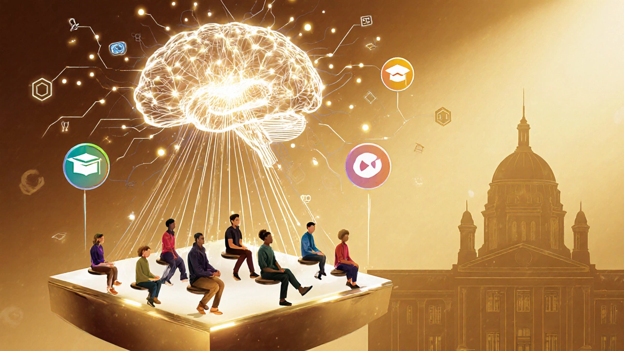 AI brain connecting learners to personalized courses with a university partnership symbol.