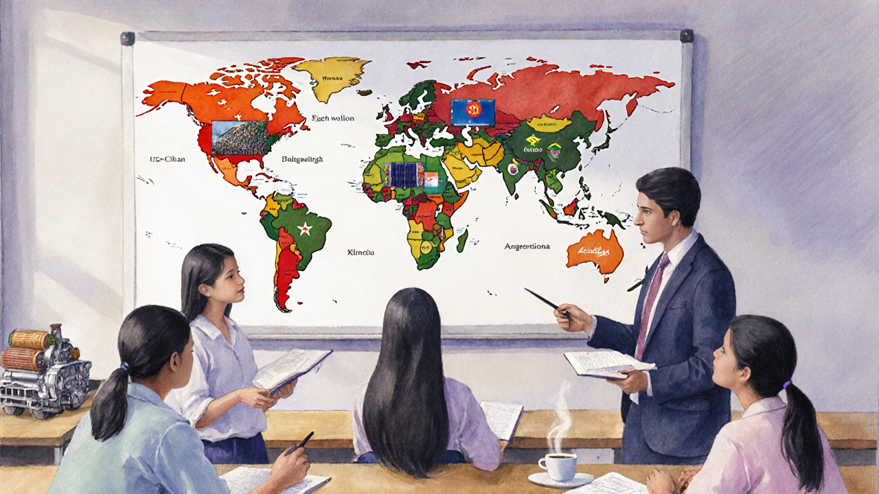 Classroom with world map and tiny scenes of electronics, textiles, soy, auto parts, and coffee.