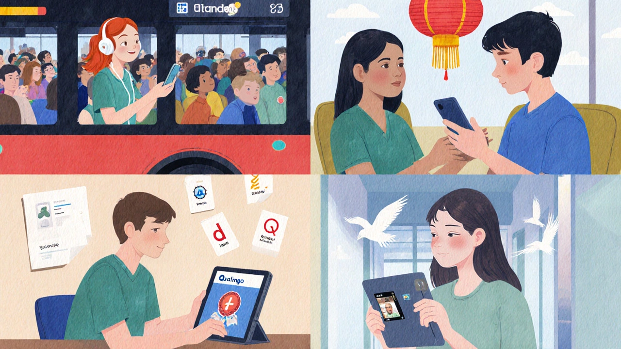 Collage of five learners using different free apps in everyday settings.