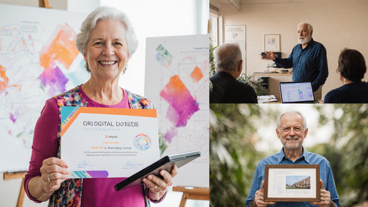 Collage of older adults showing certificates in graphic design, digital marketing, and photography.