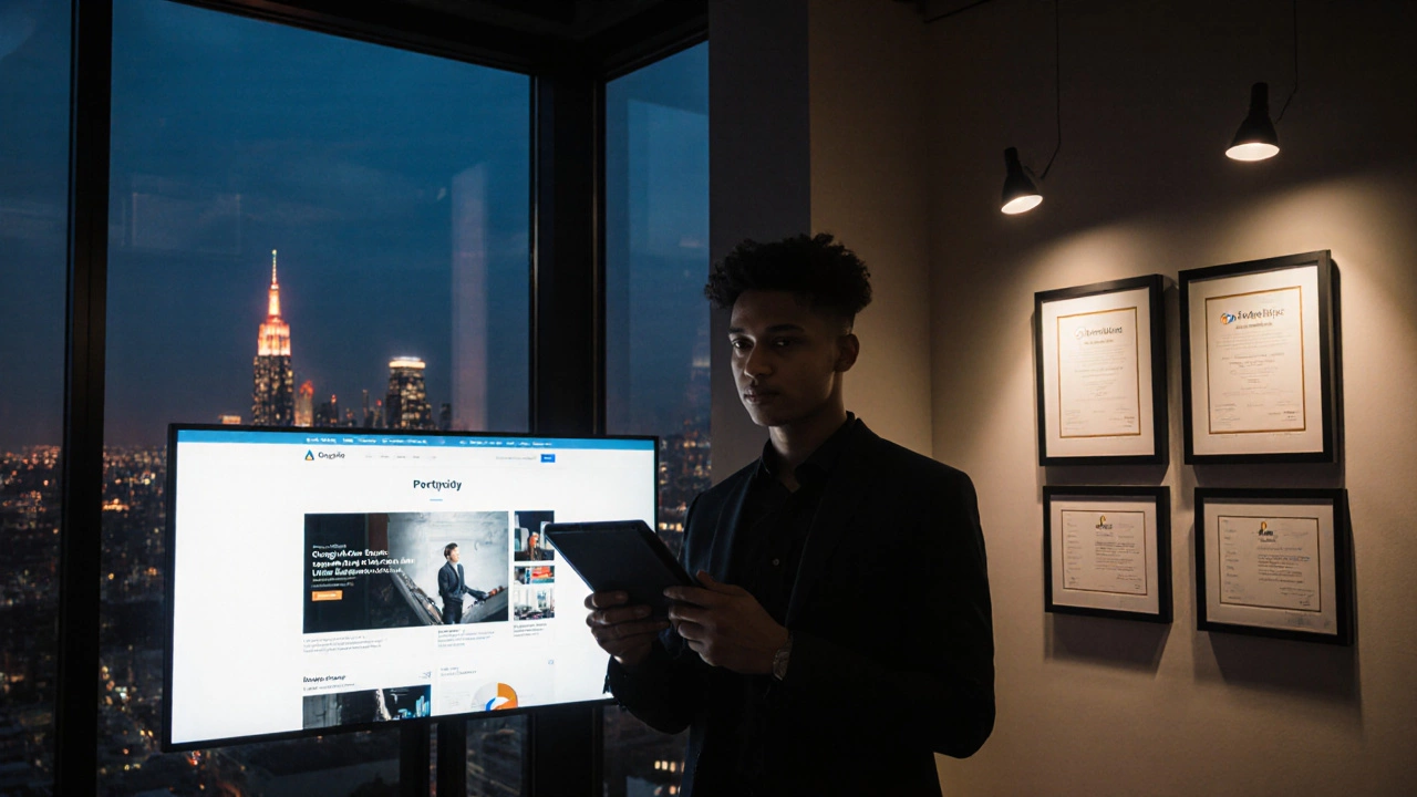 Confident young marketer in a loft office, holding a tablet, with portfolio screen and certificates on the wall at sunset.