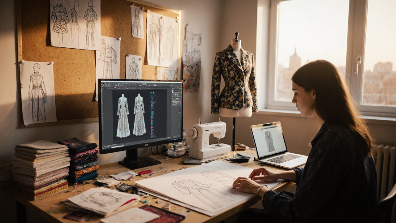 Designer’s studio with sketches, mood board, CAD screen, mannequin, and fabric swatches in warm light.