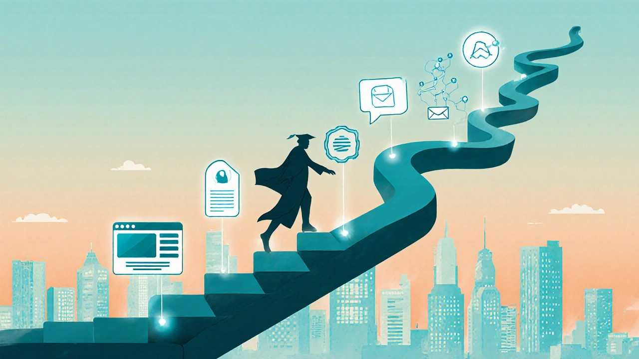 Digital illustration of a career path ladder with icons for portfolio, certificate, networking, and interview.