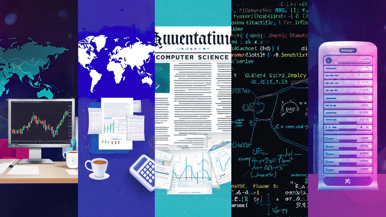 Five panels showing finance charts, economic graphs, coding screen, math equations, and quant finance mix.