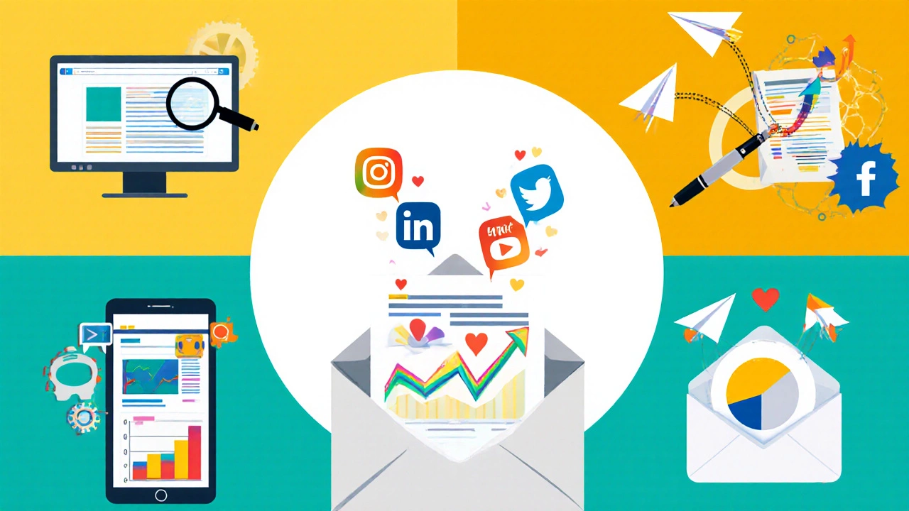Flat illustration showing five digital‑marketing pillars with distinct icons for SEO, content, social media, email, and analytics.