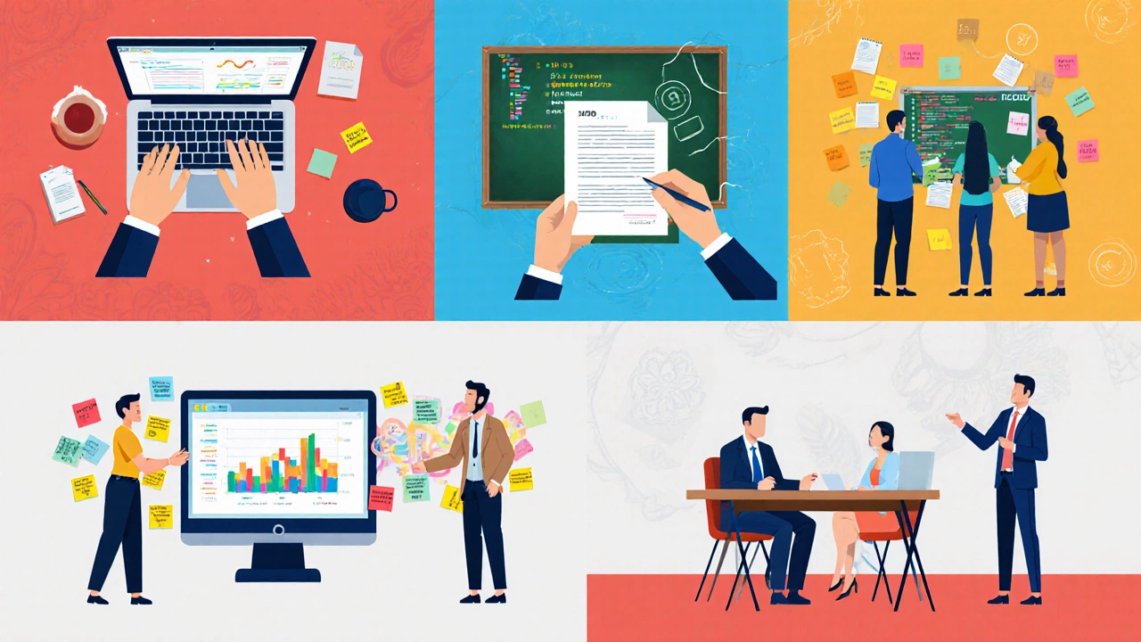 Flat‑vector collage of seven career roles for English graduates, including writer, teacher, and PR.