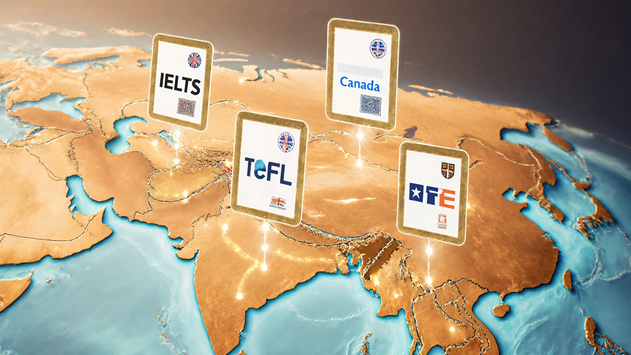 Four English test certificates linked to countries on a map of India