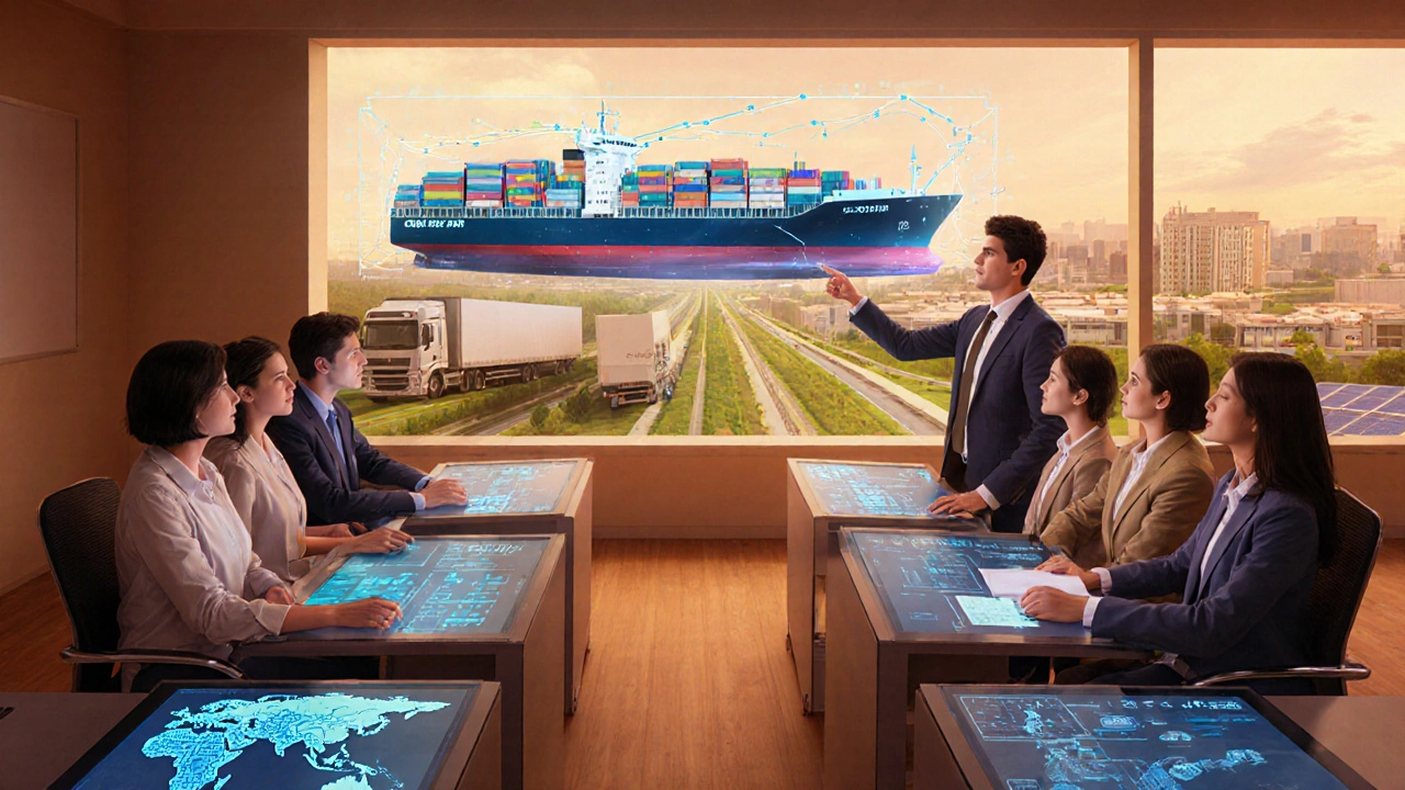 Futuristic classroom where students learn trade skills using holographic trade maps and models.