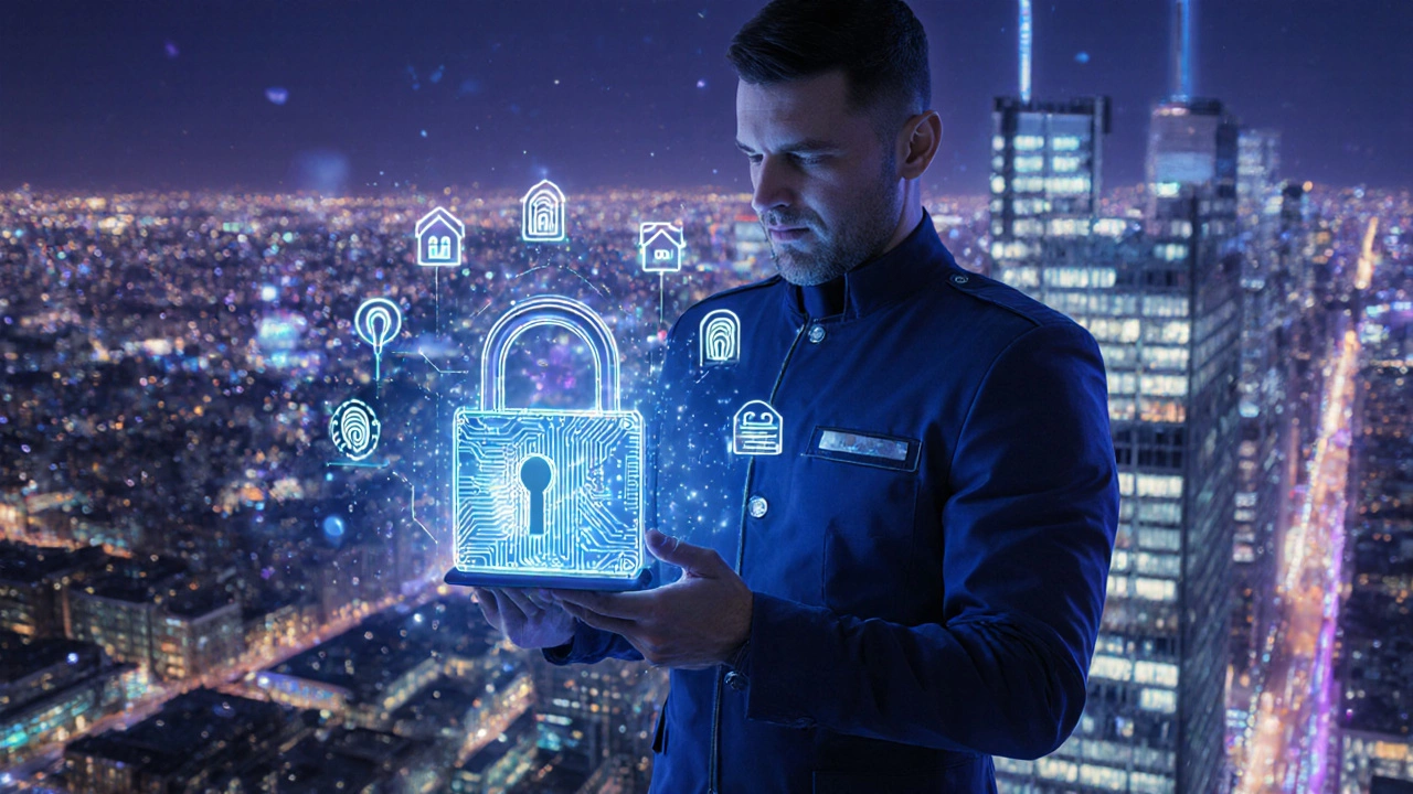 Futuristic locksmith holding a glowing smart‑lock device on a London skyscraper at night.
