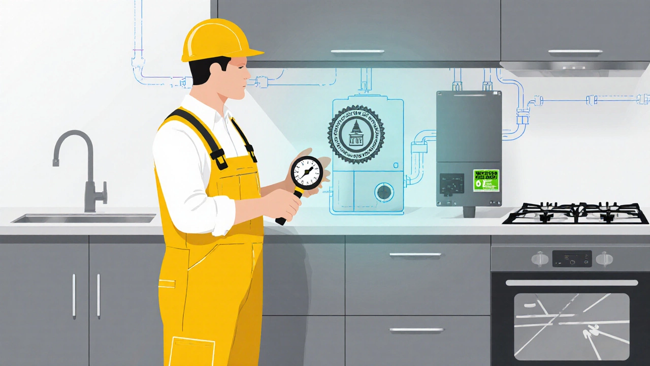 Gas‑safe engineer inspecting a modern boiler with a certification badge overlay.