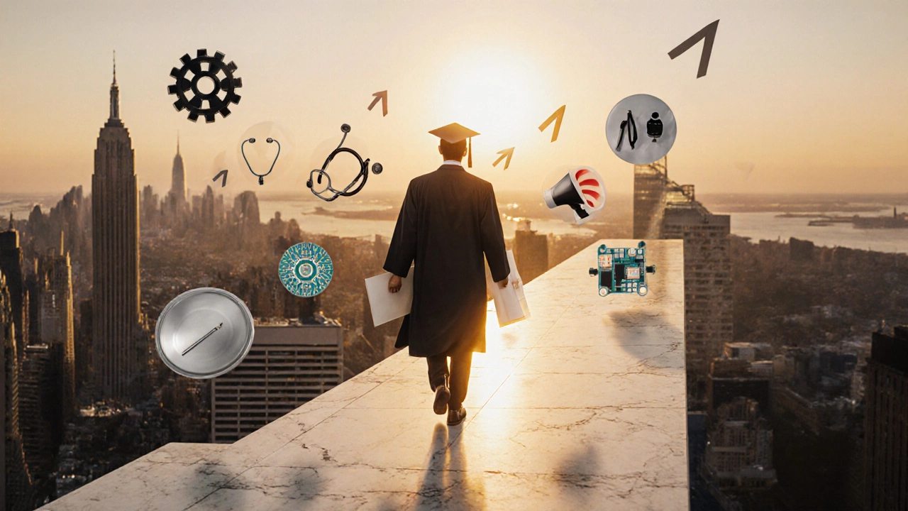 Graduate walking on a rising pathway toward sunrise skyline with industry icons floating.