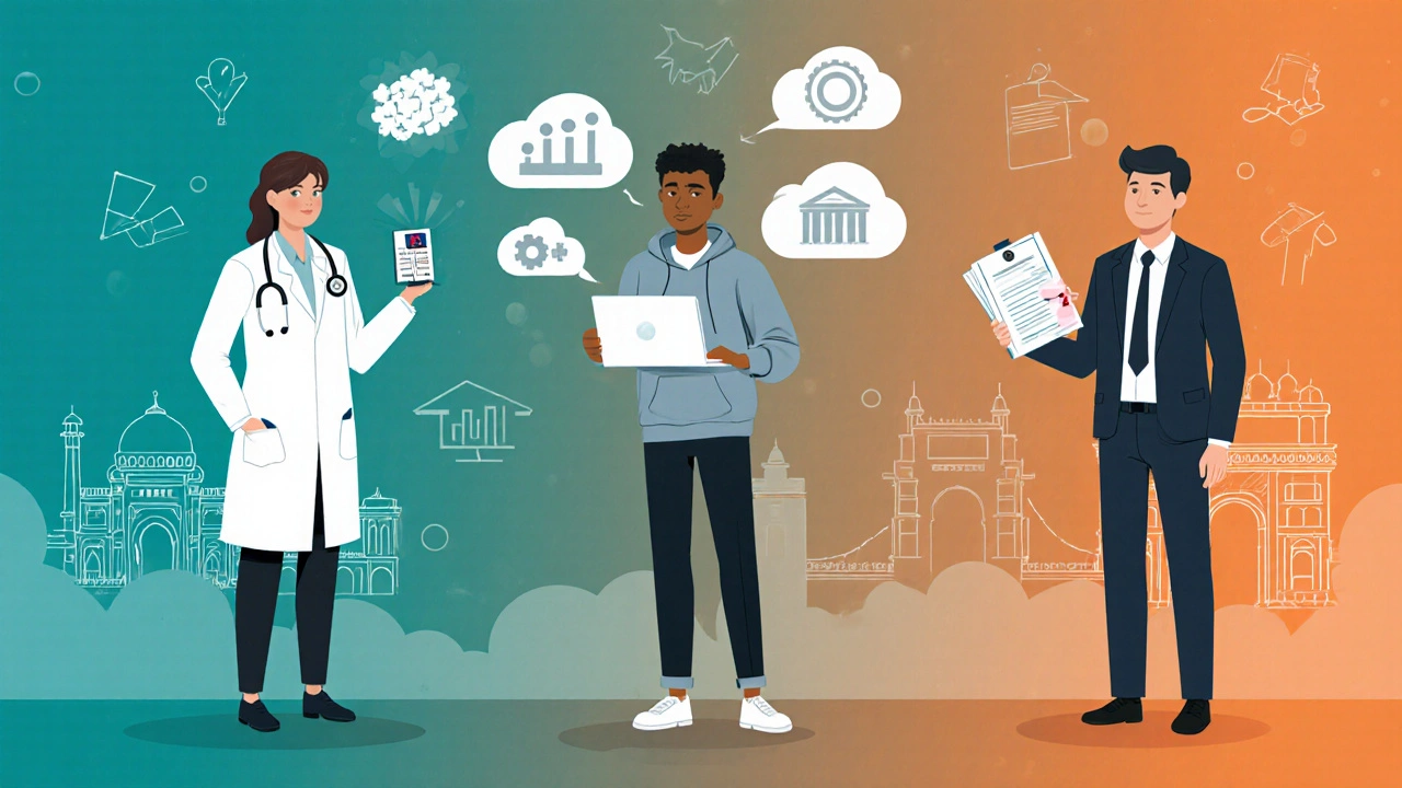 Graduates in healthcare, IT, and finance holding diplomas, representing high‑pay sectors.