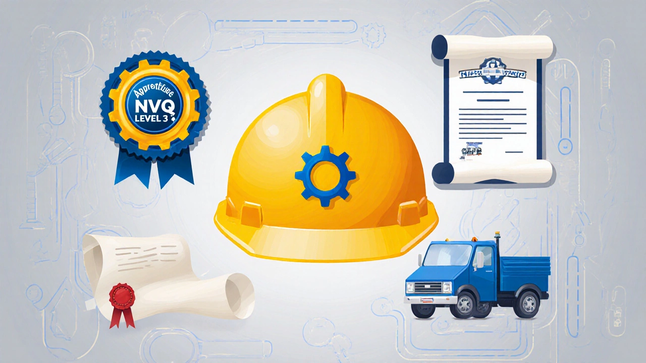 Illustrated collage of apprenticeship, NVQ, BTEC, City &amp; Guilds, and CPC symbols.