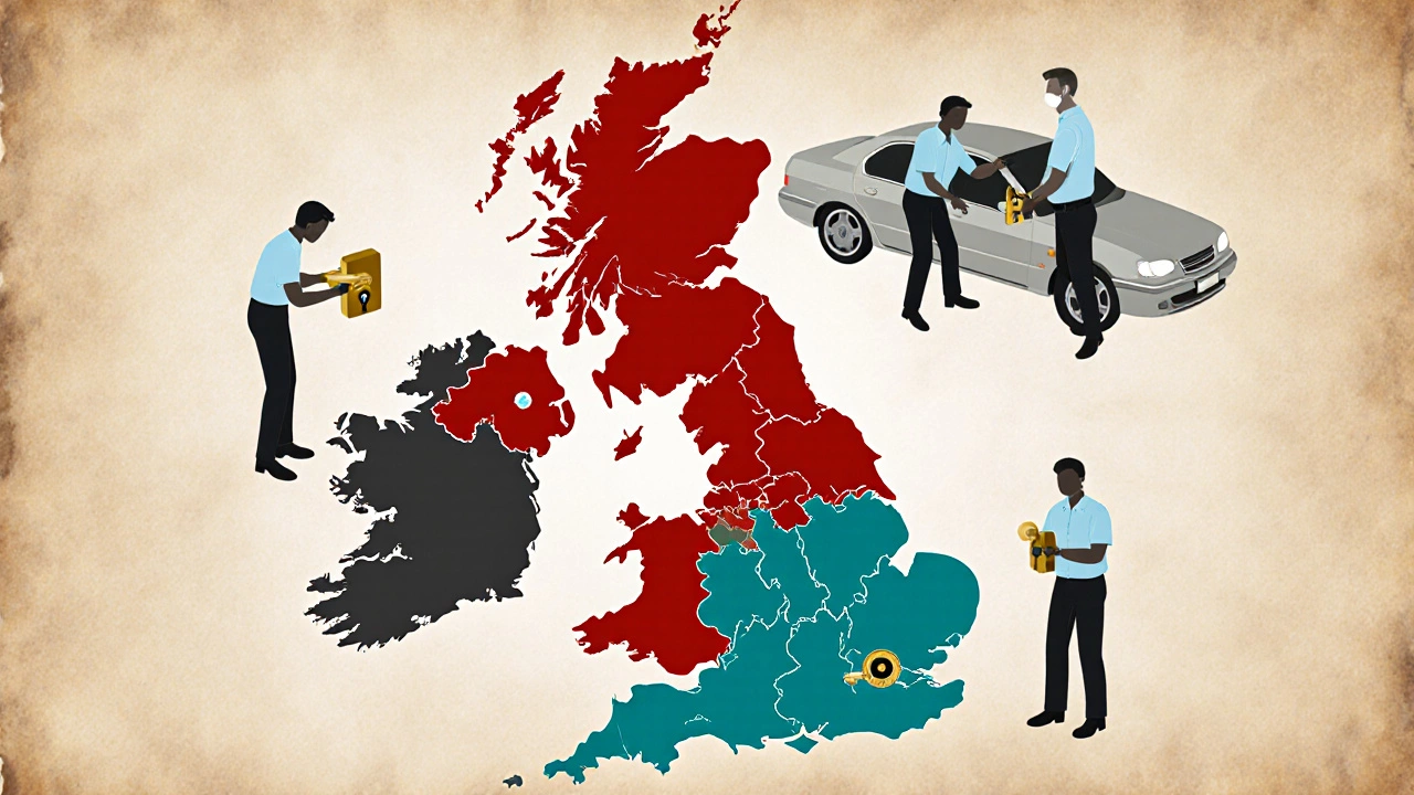 Illustrated UK map with regional locksmith silhouettes representing different work types.