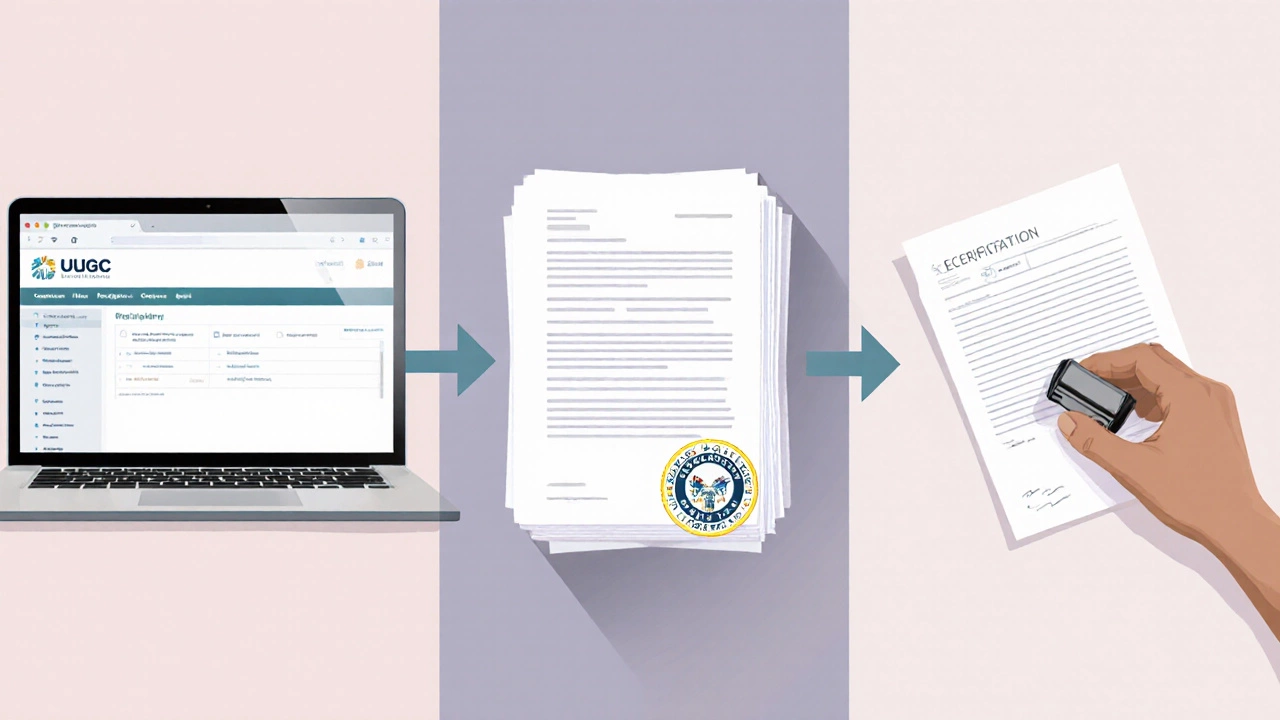 Illustration of laptop, accredited documents, and stamp showing diploma verification steps.