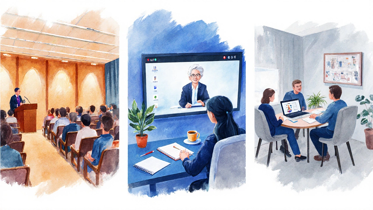 Illustration showing part‑time lecture, online home study, and blended workshop.