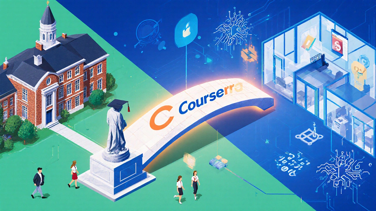 Illustration showing university campus and tech office connected by a Coursera bridge.