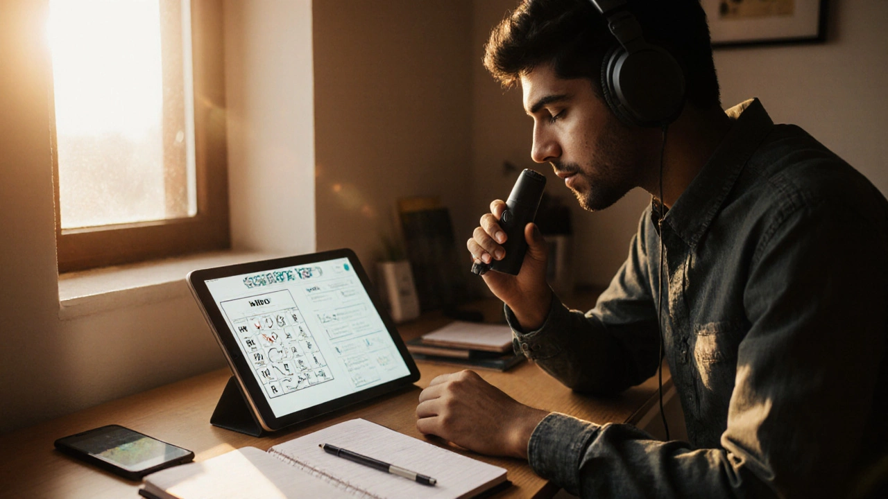 Indian student practicing English pronunciation with headphones, IPA chart, and language app.