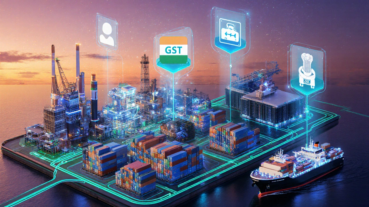 Isometric view of a modern Indian SEZ showing factories, digital logistics, and GST icons.