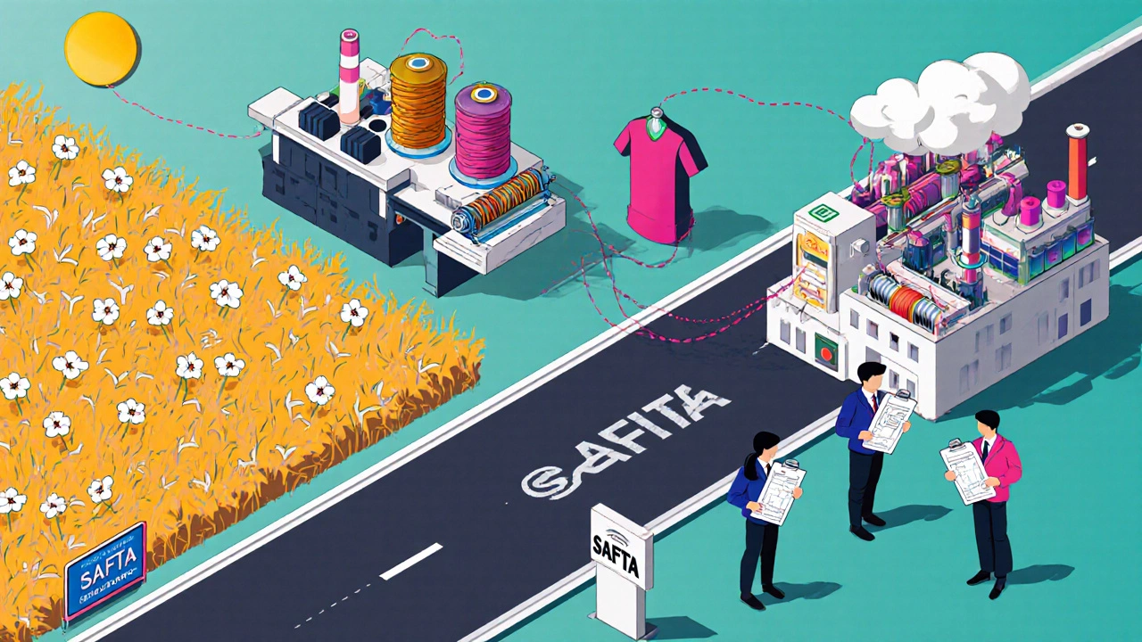 Isometric view of Indian cotton to Bangladeshi garment factories with students observing.