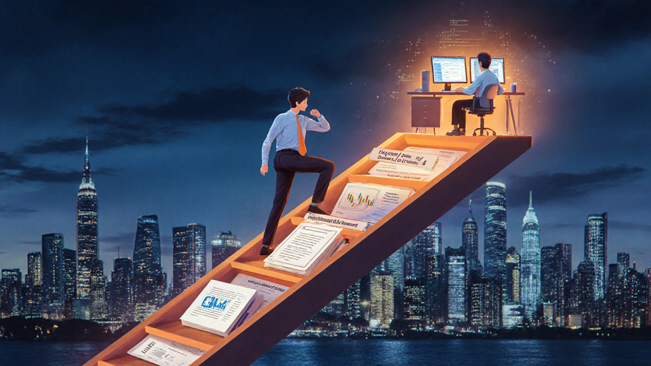 Ladder of degrees and certifications leading to a glowing trader&#039;s desk at night.