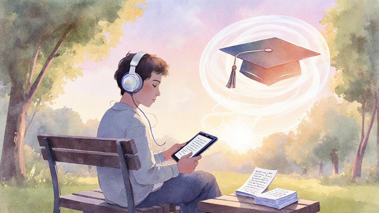 Learner studying outdoors with tablet, notes, and sunrise symbolizing progress.