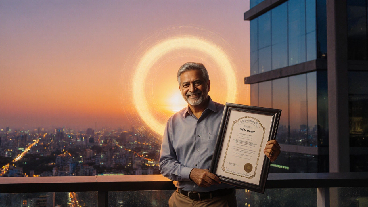 Man in his mid‑40s holding a certificate on a rooftop at sunset, celebrating career success.