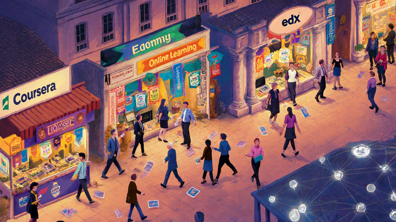 Marketplace with four learning platform stalls competing for diverse learners.