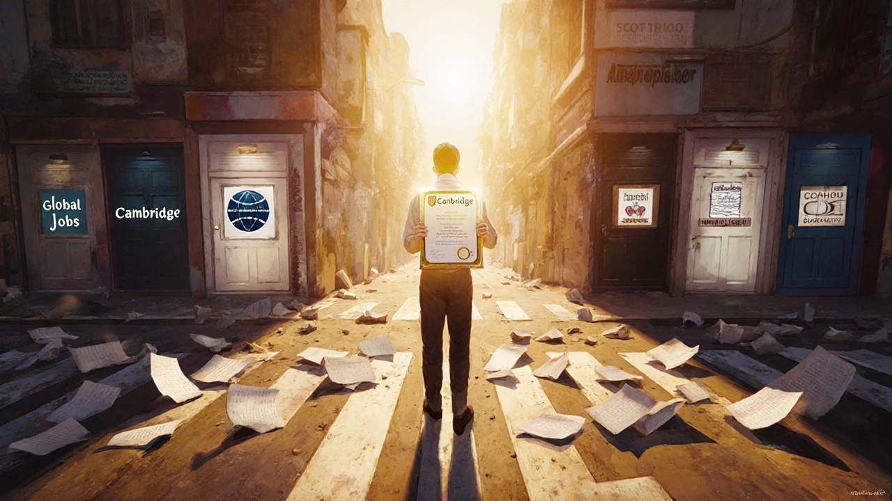 Person at crossroads holding lifelong Cambridge certificate as others fade