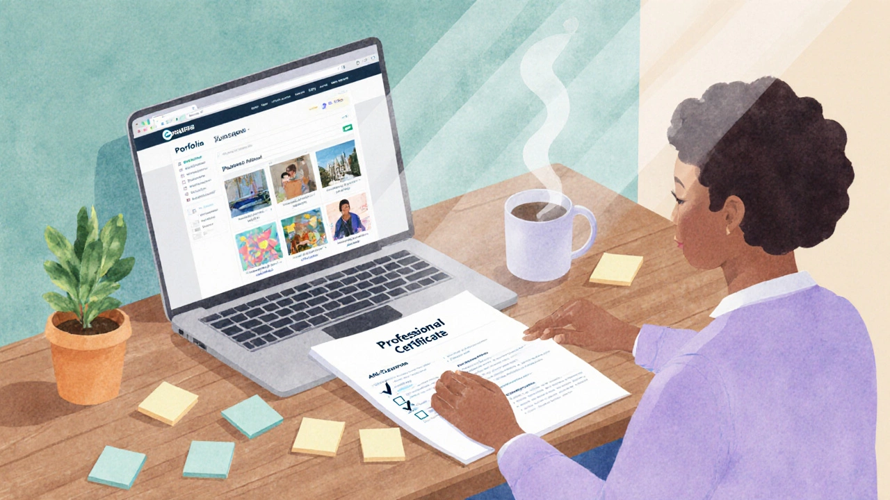 Person at home desk showing portfolio, résumé with Coursera credential, and checklist.