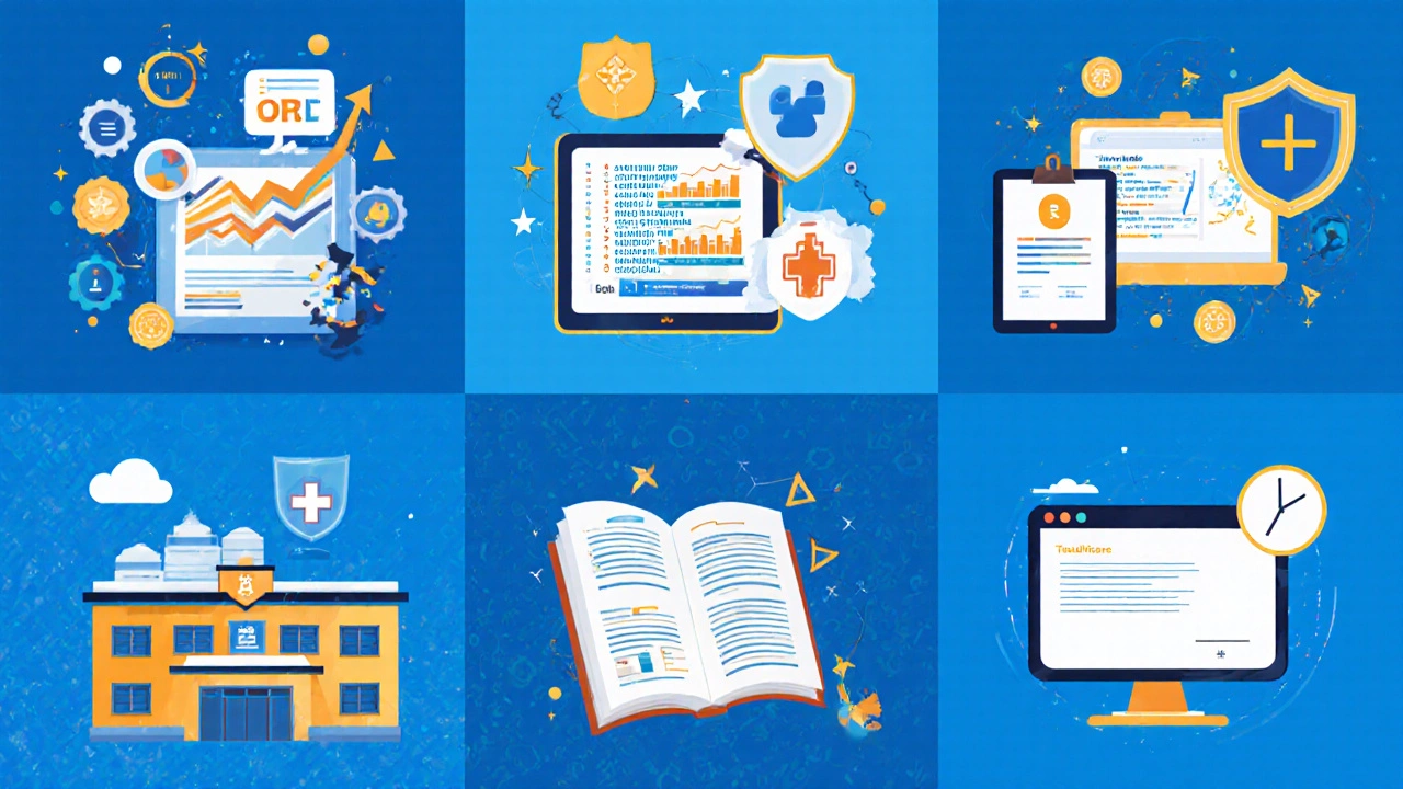 Six-panel illustration showing digital marketing, data analytics, project management, cyber security, healthcare management, and teaching scenes.