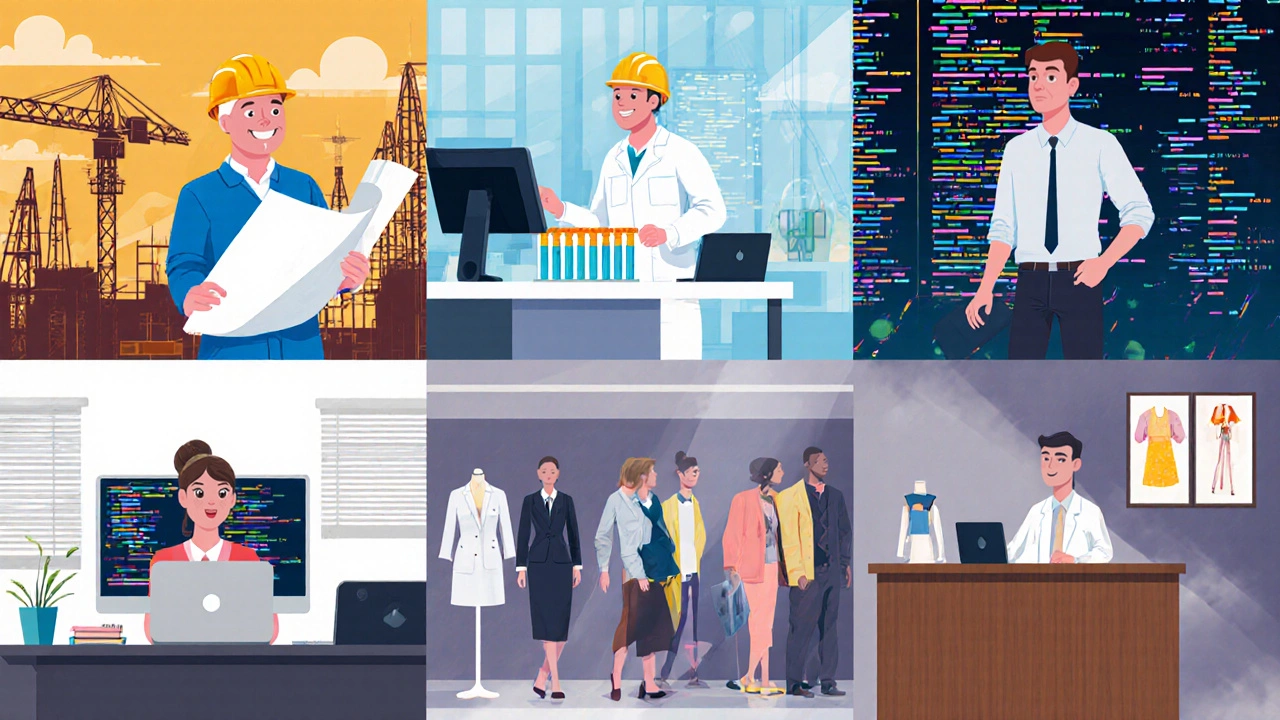 Six panels showing students in engineering, lab, coding, marketing, hotel, and fashion settings.