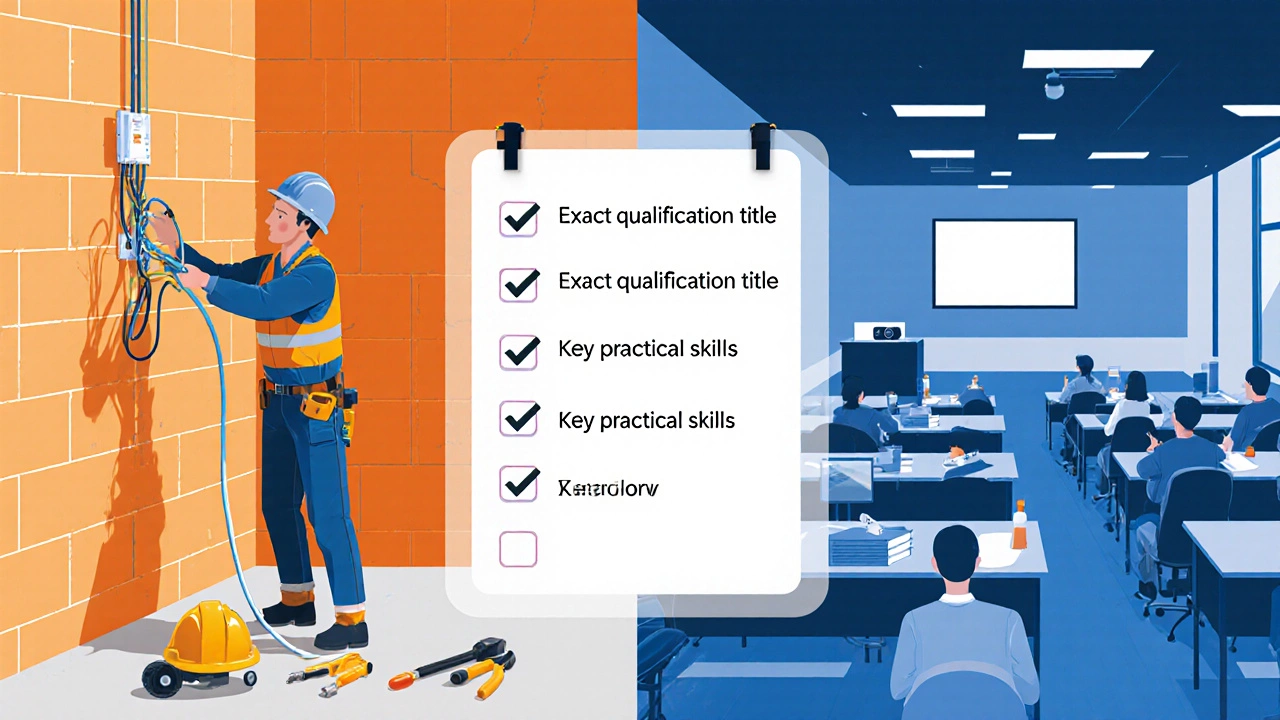 Split-screen of a trade worker and a university classroom with a checklist overlay.