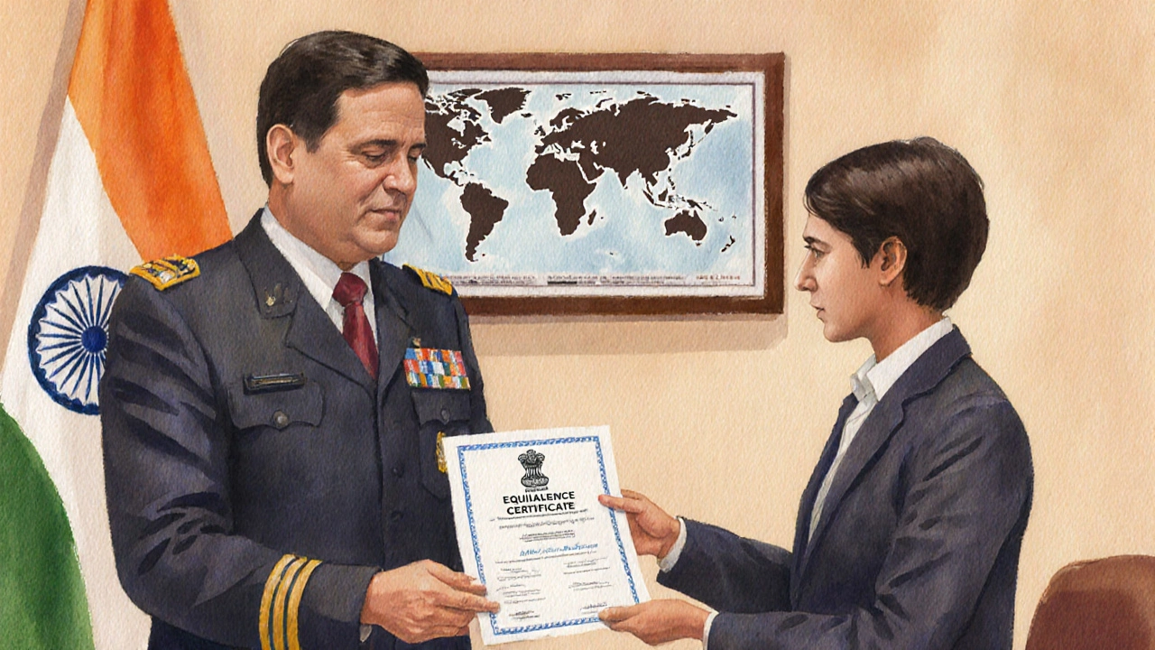 Student receiving an Equivalence Certificate from a Ministry officer in a watercolor scene.