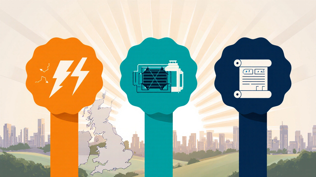 Three colored pathways on a UK map symbolizing electrician, HVAC, and construction management careers.