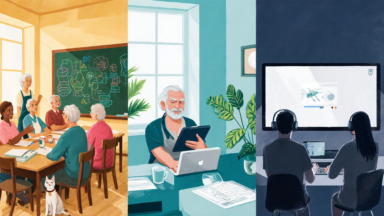 Three‑panel illustration of classroom, online, and hybrid learning for seniors.