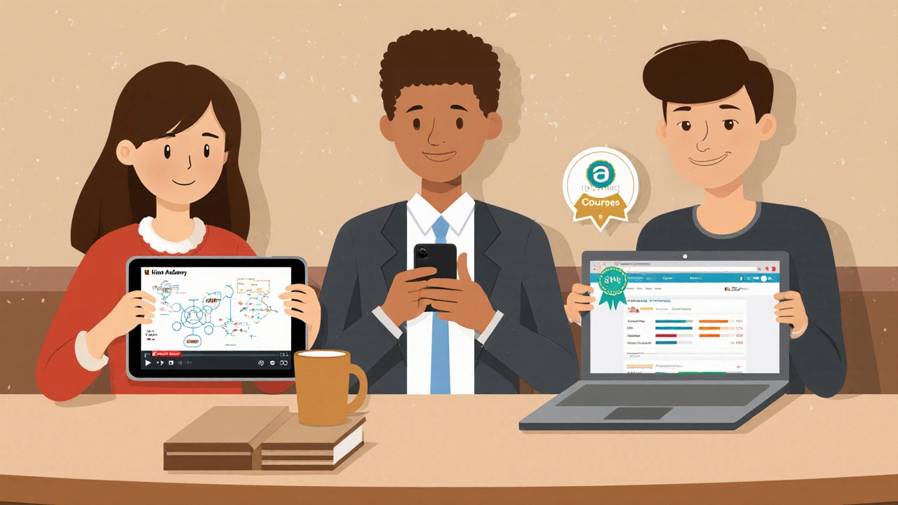 Three people using Khan Academy, Duolingo, and Coursera on devices in a coffee shop.