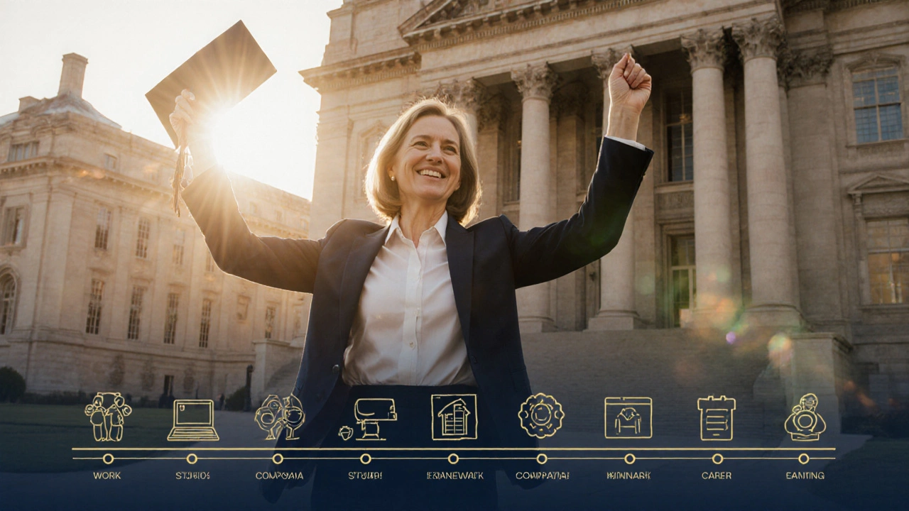 Woman in business attire holding a diploma in front of a university at sunset.